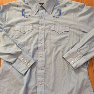 Large men’s vintage blue western shirt embroidered cowboy boots pearl snaps